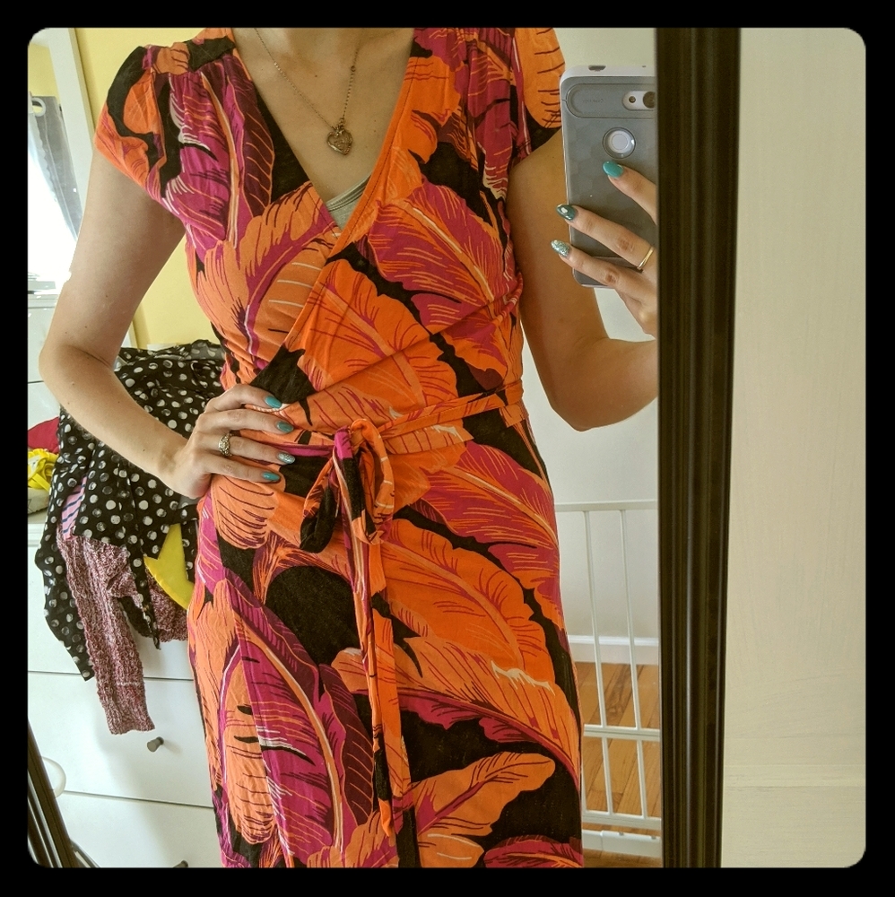Tropical print wrap jersey dress